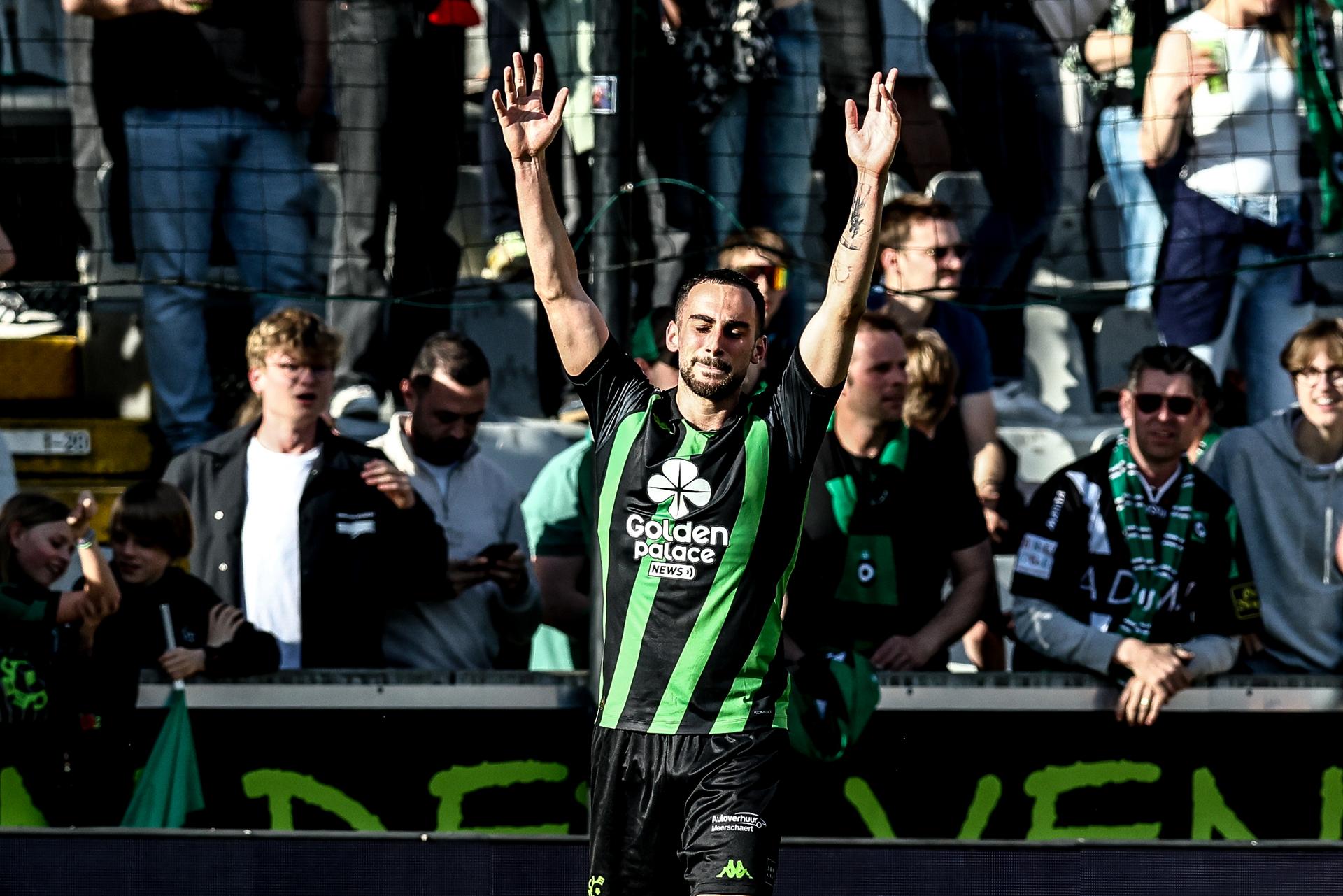 Cercle's Lucas Perrin celebrates after scoring during a soccer match between Cercle Brugge and Beerschot VA, Saturday 05 April 2025 in Brugge, on day 2 (out of 6) of the Relegation Play-offs of the 2024-2025 'Jupiler Pro League' first division of the Belgian championship. BELGA PHOTO BRUNO FAHY