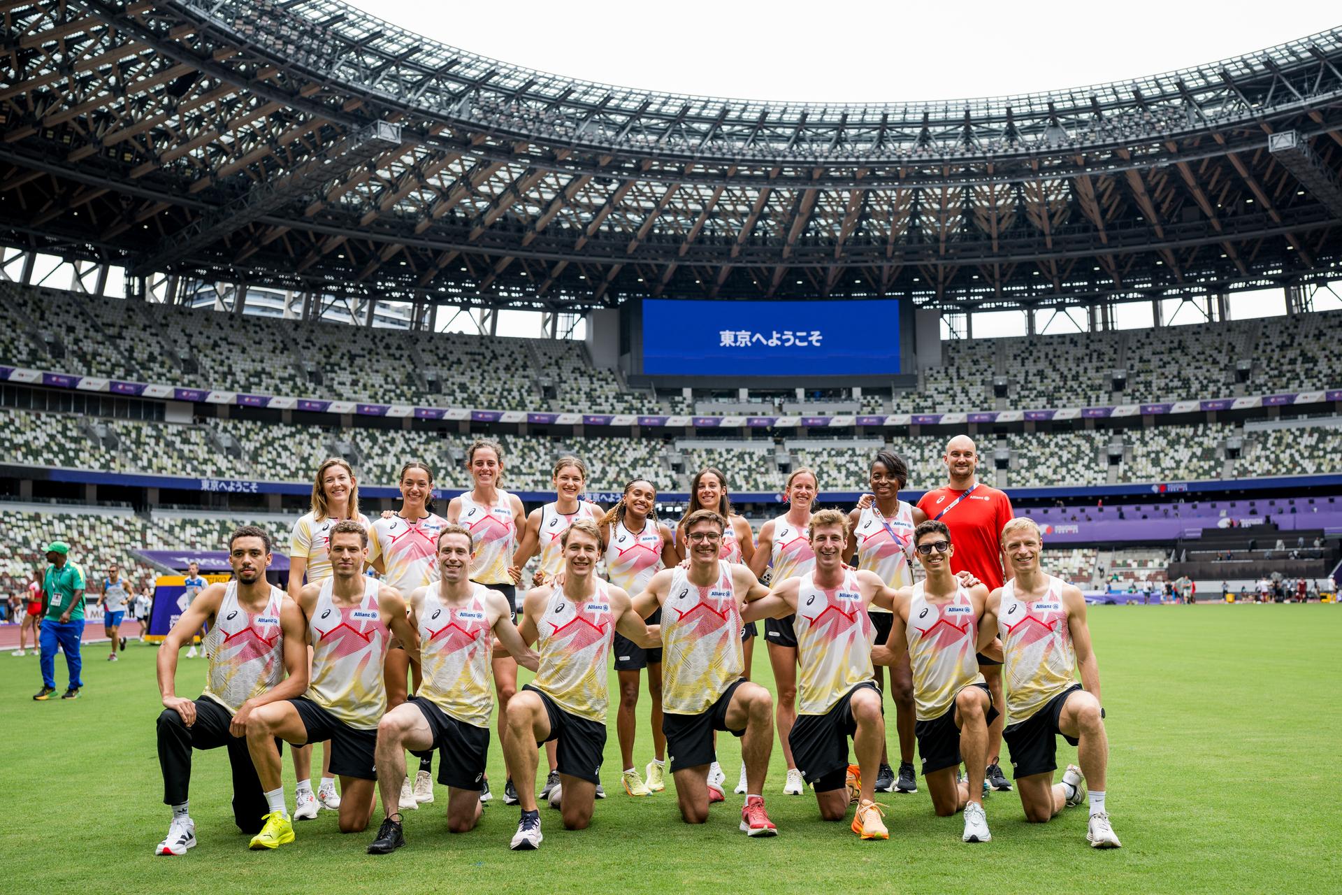 Belgian 4x400m athletes pose for the photographer during a training session at the National Stadium of Tokyo before the World Athletics Championships in Tokyo, Japan, on Friday 12 September 2025. The outdoor Worlds are taking place from 13 to 21 September. BELGA PHOTO JASPER JACOBS