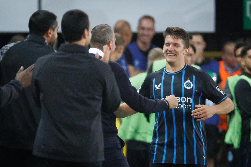 Club's Christos Tzolis celebrates after scoring during a soccer game between Belgian Club Brugge KV and Scottish Glasgow Rangers F.C., Wednesday 27 August 2025 in Brugge, the return leg of the play-offs for the Champions League tournament. Club won the first leg 1-3. BELGA PHOTO KURT DESPLENTER