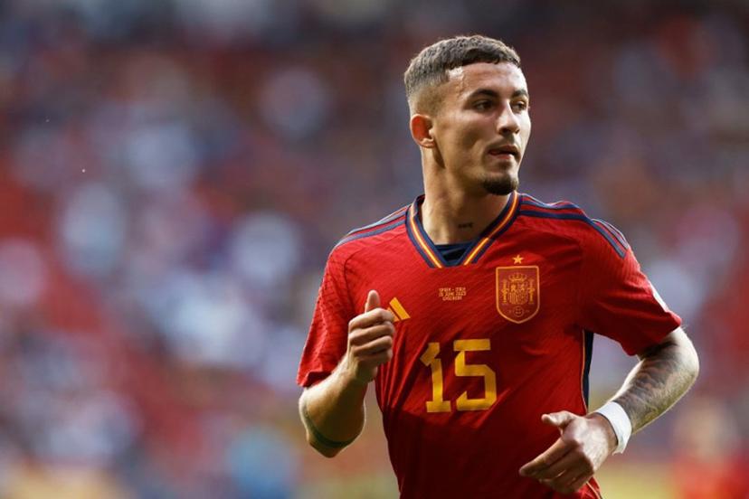 Spain's forward Yeremy Pino looks on during the UEFA Nations League semi final football match between Spain and Italy at the De Grolsch Veste Stadium in Enschede on June 15, 2023.  KENZO TRIBOUILLARD / AFP