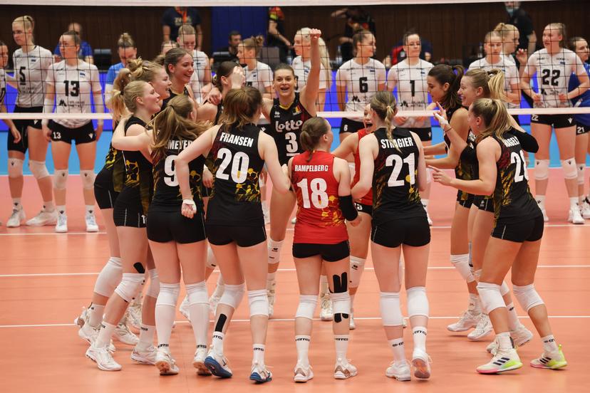 Belgium's players celebrate after winning a volleyball match between Belgium's national women's volleyball team, the Yellow Tigers, and the Estonian national women's volleyball team, in match 3/6 of the League Round of the European Golden League women, in Beveren, Friday 24 May 2024. BELGA PHOTO VIRGINIE LEFOUR