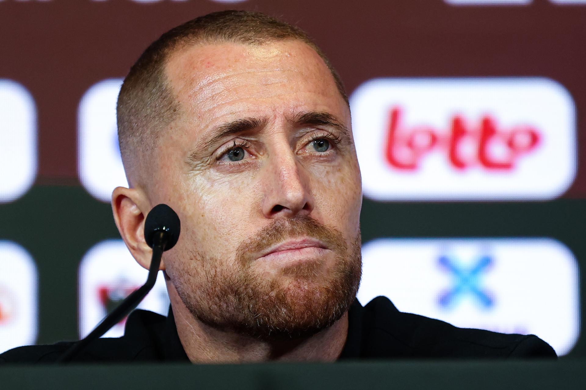 U21 coach Gil Swerts is pictured during a press conference to announce the selection of the Red Devils, the Belgian national soccer team, at the national training center in Tubize, Friday 18 September 2026. The team is preparing for fixtures in the UEFA Nations League competition. BELGA PHOTO BRUNO FAHY