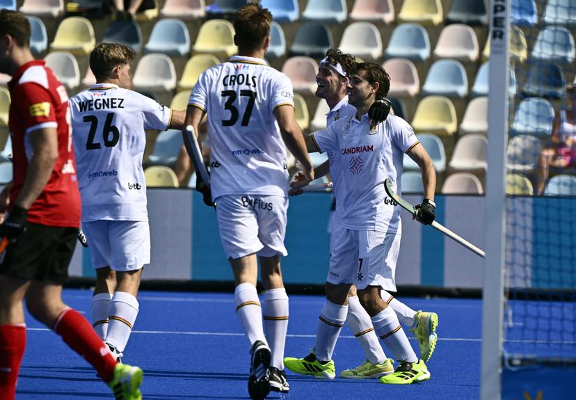 belgiu celebrate after scoring during a hockey game between Belgian national team Red Lions and Austria, match 1/3 in the pool stage of the 2025 men's European championships, Saturday 09 August 2025 in Monchengladbach, Germany. BELGA PHOTO ERIC LALMAND