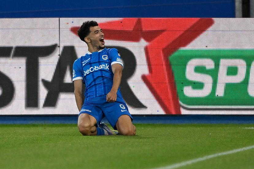 Genk's Zakaria El Ouahdi celebrates after scoring during a soccer match between Oud-Heverlee Leuven and KRC Genk, Friday 15 August 2025 in Leuven, on day 4 of the 2025-2026 'Jupiler Pro League' first division of the Belgian championship. BELGA PHOTO JOHAN EYCKENS