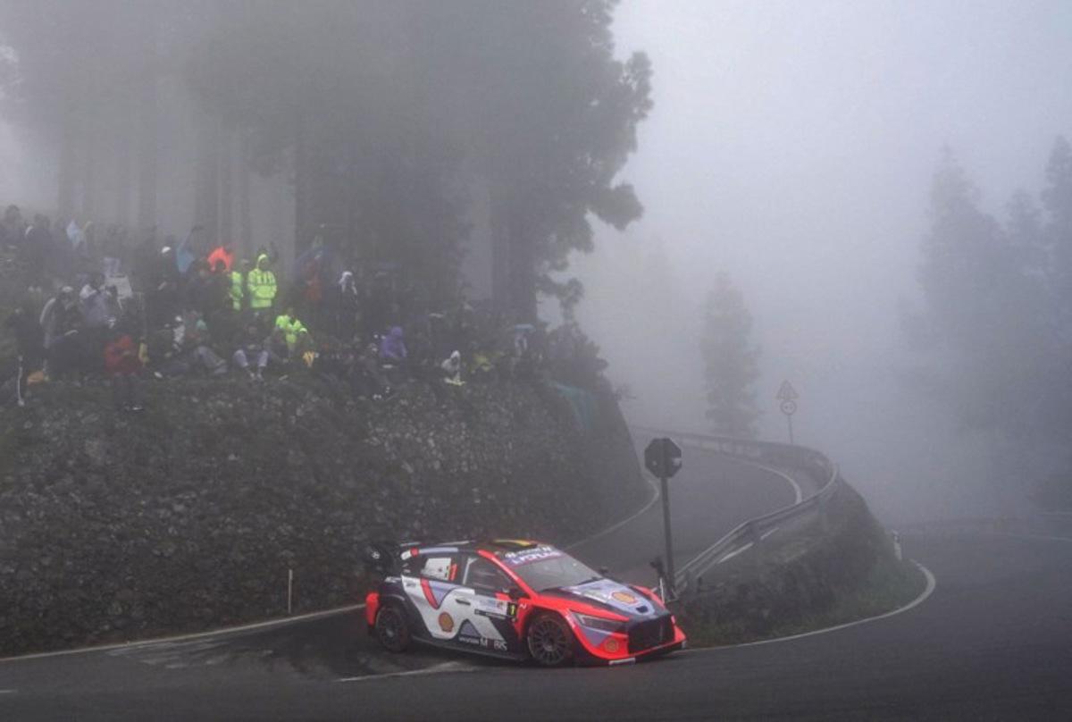 Thierry Neuville of Belgium and his co-driver Martijn Wydaeghe of Belgium compete in their Hyundai i20 N Rally 1 during the SS2 special of the World Rally Championship (WRC) Rally Islas Canarias between Valleseco-Artenara in Spain's Gran Canaria Island, on April 25, 2025.  Manaure QUINTERO / AFP