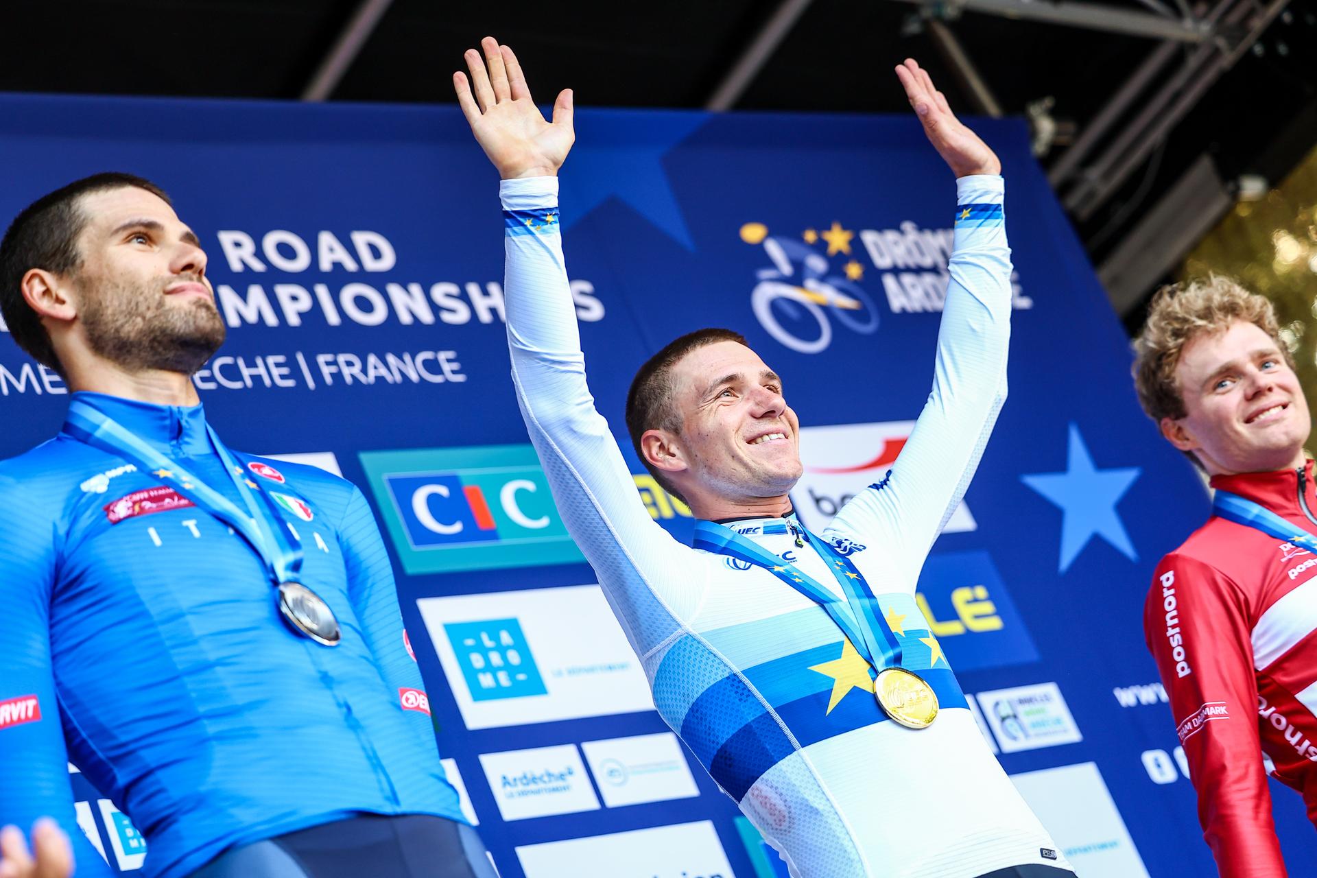 Italian Filippo Ganna, Belgian Remco Evenepoel and Danish Niklas Larsen pictured on the podium after the 24 km time trial of the Men Elite category at the UEC road European cycling championships, Wednesday 01 October 2025, in Loriol-sur-Drome, France. The European cycling championships Drome-Ardeche takes place from 1 to 5 October, France. BELGA PHOTO DAVID PINTENS