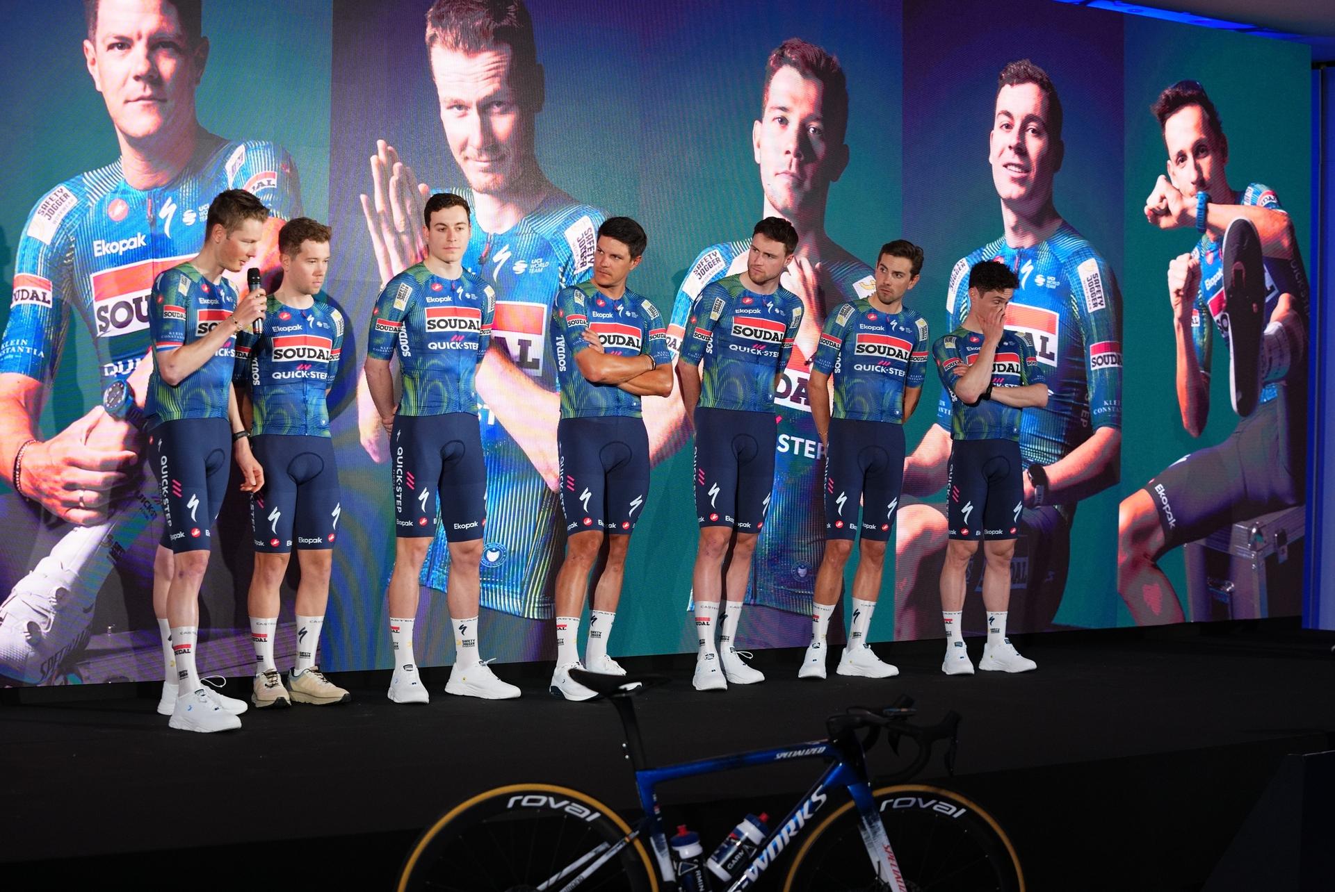 Soudal Quick-Step riders pictured during the team presentation of the Soudal Quick-Step cycling team in Calpe, Spain, Thursday 08 January 2026. BELGA PHOTO JOMA GARCIA