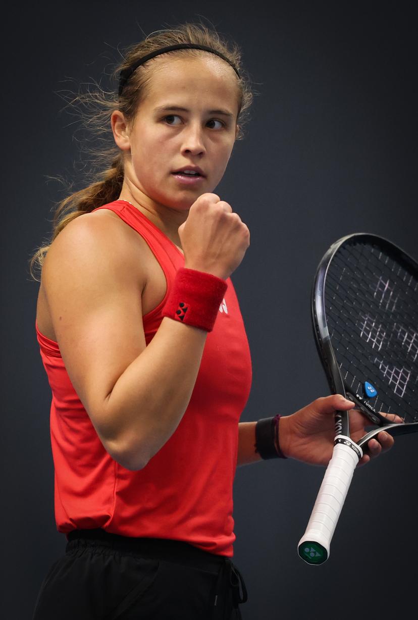 Belgian Hanne Vandewinkel celebrates during a tennis match against Greek Grammatikopoulou, in the qualifiers of the Billie Jean King Cup tennis, in Vilnius, Lithuania on Tuesday 08 April 2025. PHOTO VIRGINIE LEFOUR