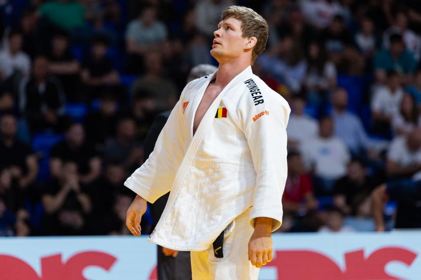 Belgian Matthias Casse (white gi) takes on Portuguese Joao (not pictured) in a judo bout in the men's -81kg category, at the European Judo Championships in Podgorica, Montenegro, on Friday 25 April 2025. The tournament is taking place from 23 tot 27 April 2025. BELGA PHOTO NIKOLA KRISTC