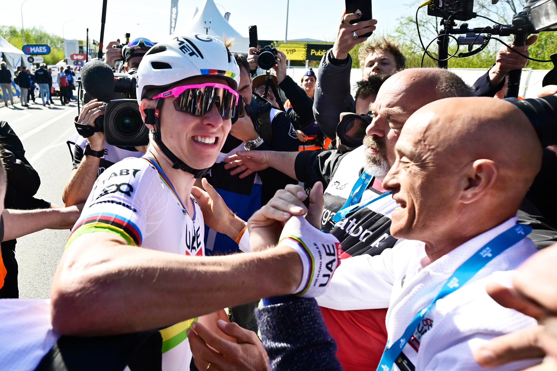 Slovenian Tadej Pogacar of UAE Team Emirates celebrates after winning the men's race of the 'Ronde van Vlaanderen/ Tour des Flandres/ Tour of Flanders' one day cycling race, 268,9km from Brugge to Oudenaarde, Sunday 06 April 2025. BELGA PHOTO DIRK WAEM