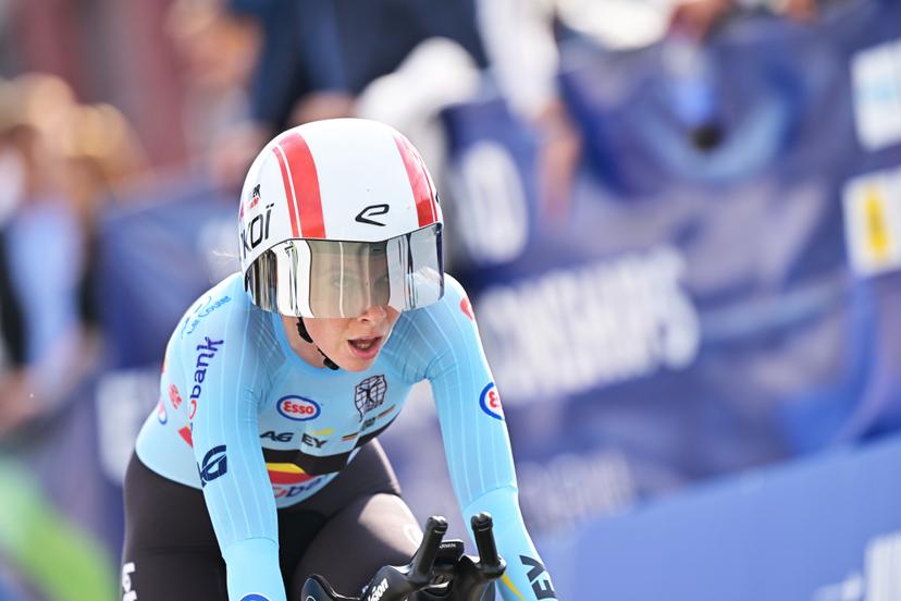 Belgium's Sandrine Tas crosses the finish line of the Women Elite Individual Time Trial race (22km) at the cycling UEC Road European Championships, in Ljubljana, Slovenia, on Wednesday 7 October 2026. The UEC Road European Championships are taking place from 02 to 07 October in Ljubljana, Slovenia. BELGA PHOTO DAVID PINTENS