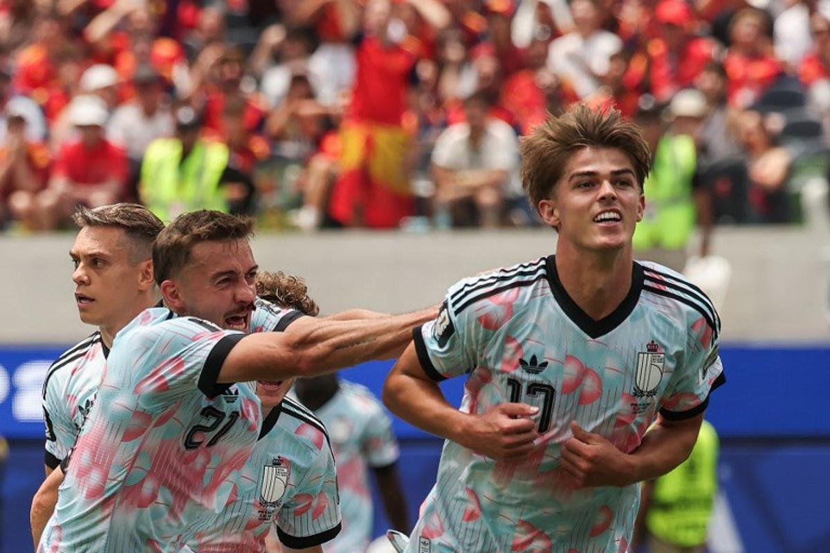 Belgium's forward #17 Charles De Ketelaere celebrates scoring his team's first goal during the 2026 World Cup football tournament quarter-final match between Spain and Belgium at the Los Angeles Stadium in Inglewood on July 10, 2026.   ETIENNE LAURENT / AFP