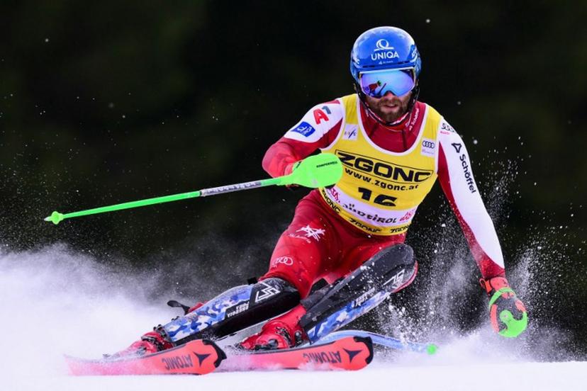Austria's Marco Schwarz competes in the first run of the Men's Slalom event, part of the FIS Alpine Ski World Cup 2025-2026, in Alta Badia, northern Italy, on December 22, 2025.  Stefano RELLANDINI / AFP