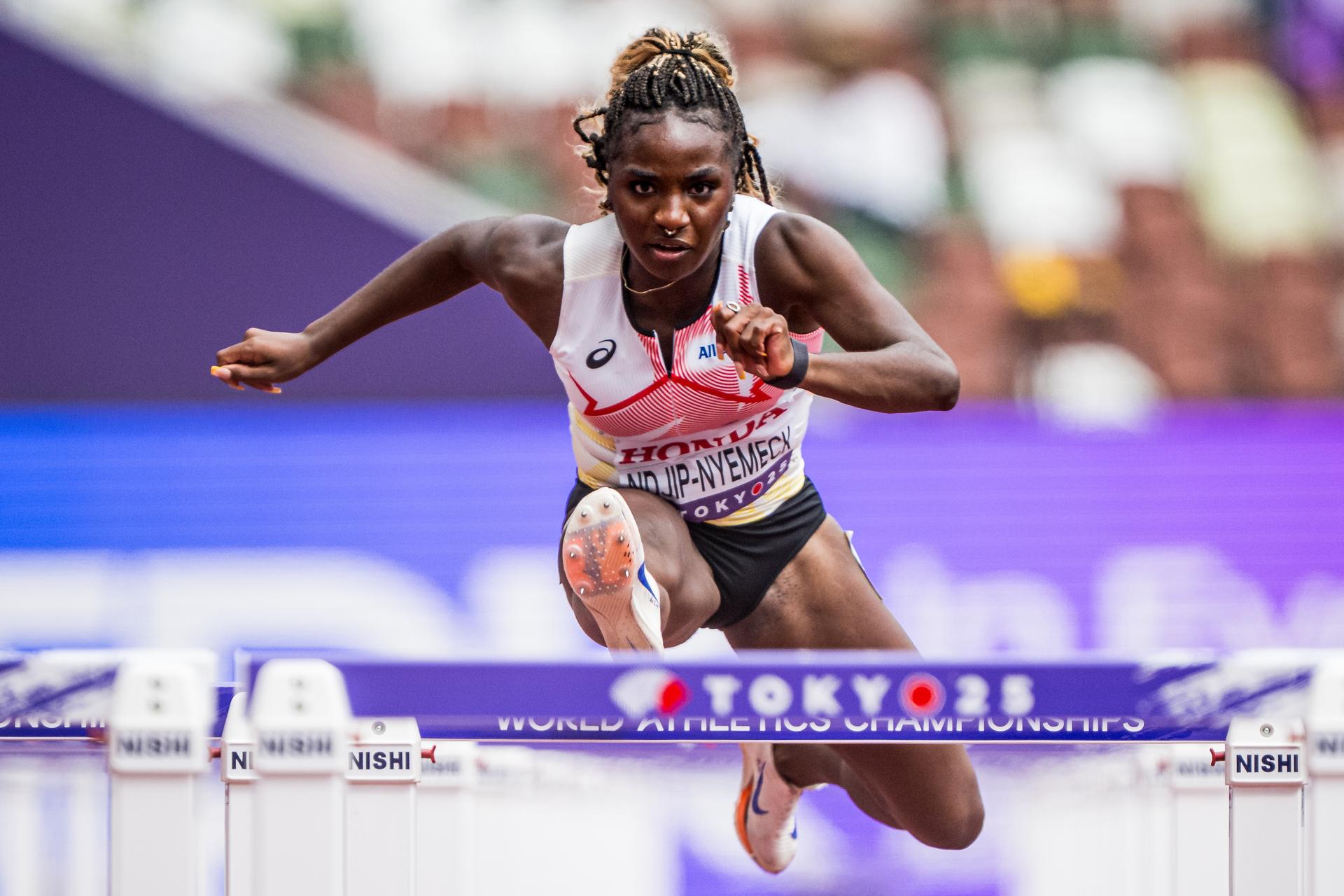 Belgian Yanla Ndjip-Nyemeck pictured in action during the 100m Hurdles women, Heats, in the World Athletics Championships in Tokyo, Japan, on Sunday 14 September 2025. The outdoor Worlds are taking place from 13 to 21 September. BELGA PHOTO JASPER JACOBS