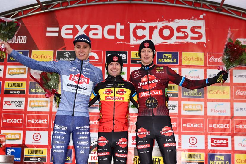 Belgian Niels Vandeputte, Belgian Eli Iserbyt and Belgian Michael Vanthourenhout pictured on the podium after the men elite race at the 'CAPS Urban Cross Kortrijk' cyclocross cycling event on  in Kortrijk, the fourth stage (out of 7) in the Exact Cross 2024-2025 competition. BELGA PHOTO DAVID PINTENS