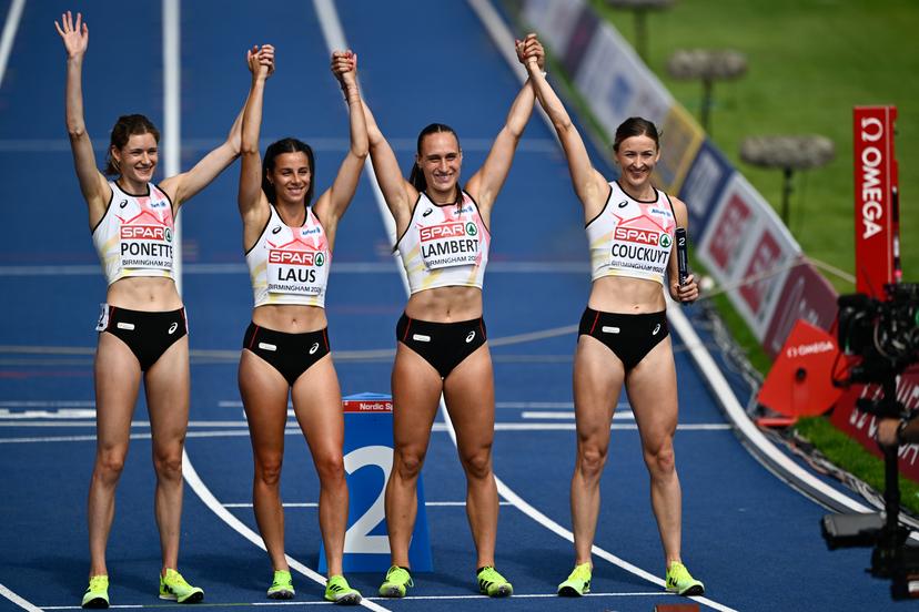 Belgian Helena Ponette; Belgian Camille Laus; Belgian Kylie Lambert and Belgian Paulien Couckuyt pictured during the women's 4x400m relay on the fifth day of the European Athletics Championships (August 10-18) in Birmingham, United Kingdom, on Friday 14 August 2026. BELGA PHOTO ERIC LALMAND