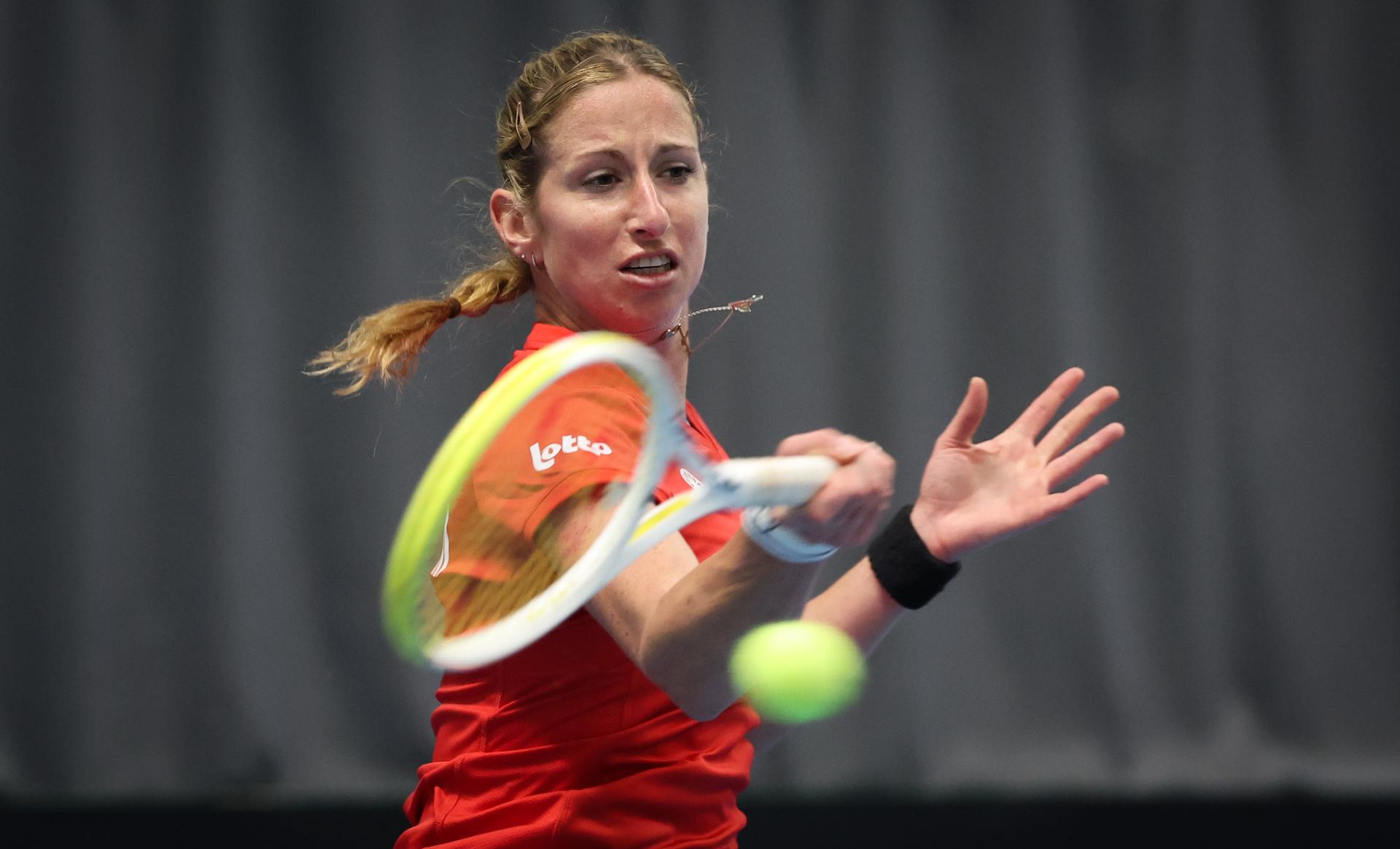 Belgian Magali Kempen and pictured in action during a training session ahead of the meeting between Greece and Belgium, in the qualifiers of the Billie Jean King Cup tennis, in Vilnius, Lithuania on Monday 07 April 2025. PHOTO VIRGINIE LEFOUR