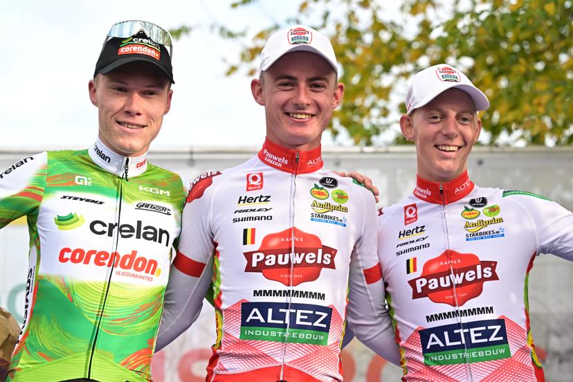 Belgium's Witse Meeussen; Belgium's Gerben Kuypers and Belgium's Michael Vanthourenhout celebrate on the podium after  the men elite race of the 'Kermiscross' cyclocross cycling event, on Thursday 15 October 2026, in Ardooie. BELGA PHOTO DAVID PINTENS