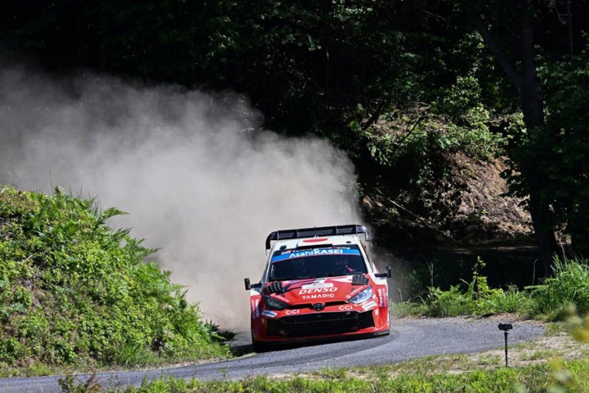 Takamoto Katsuta of Japan and his co-driver Aaron Johnston of Ireland drive their Toyota GR Yaris Rally1 during the SS11 Ena section of the Rally Japan, the 7th round of the FIA World Rally Championships in Toyota city, Aichi prefecture on May 30, 2026.  Toshifumi KITAMURA / AFP