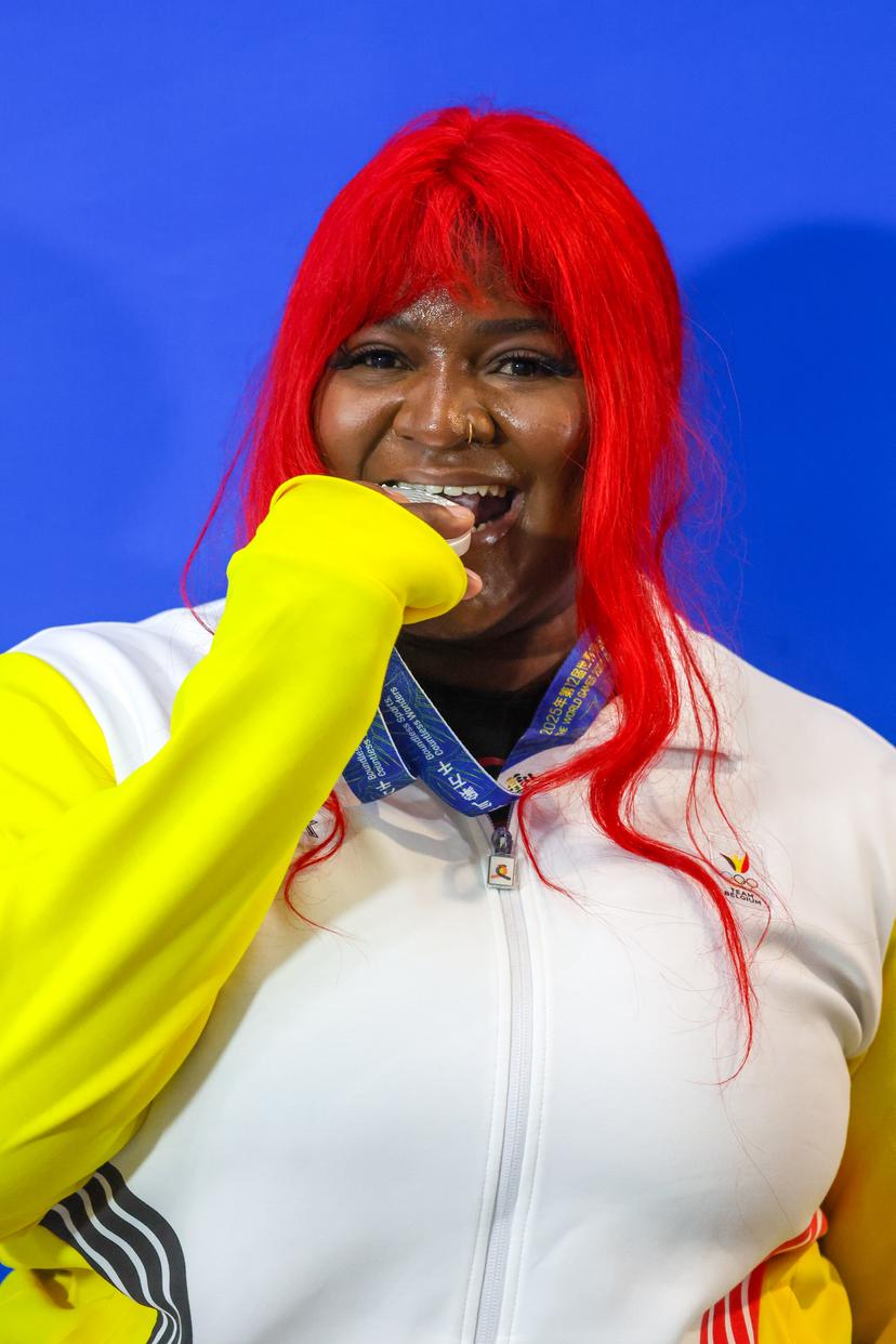 Belgian Sonita Muluh poses for the photographer with her silver medal after the super Heavyweight powerlifting event at the 2025 World Games, in Chenghdu, China, on Friday 15 August 2025. This year, the World Games take place from 7 to 17 August. BELGA PHOTO VIRGINIE LEFOUR