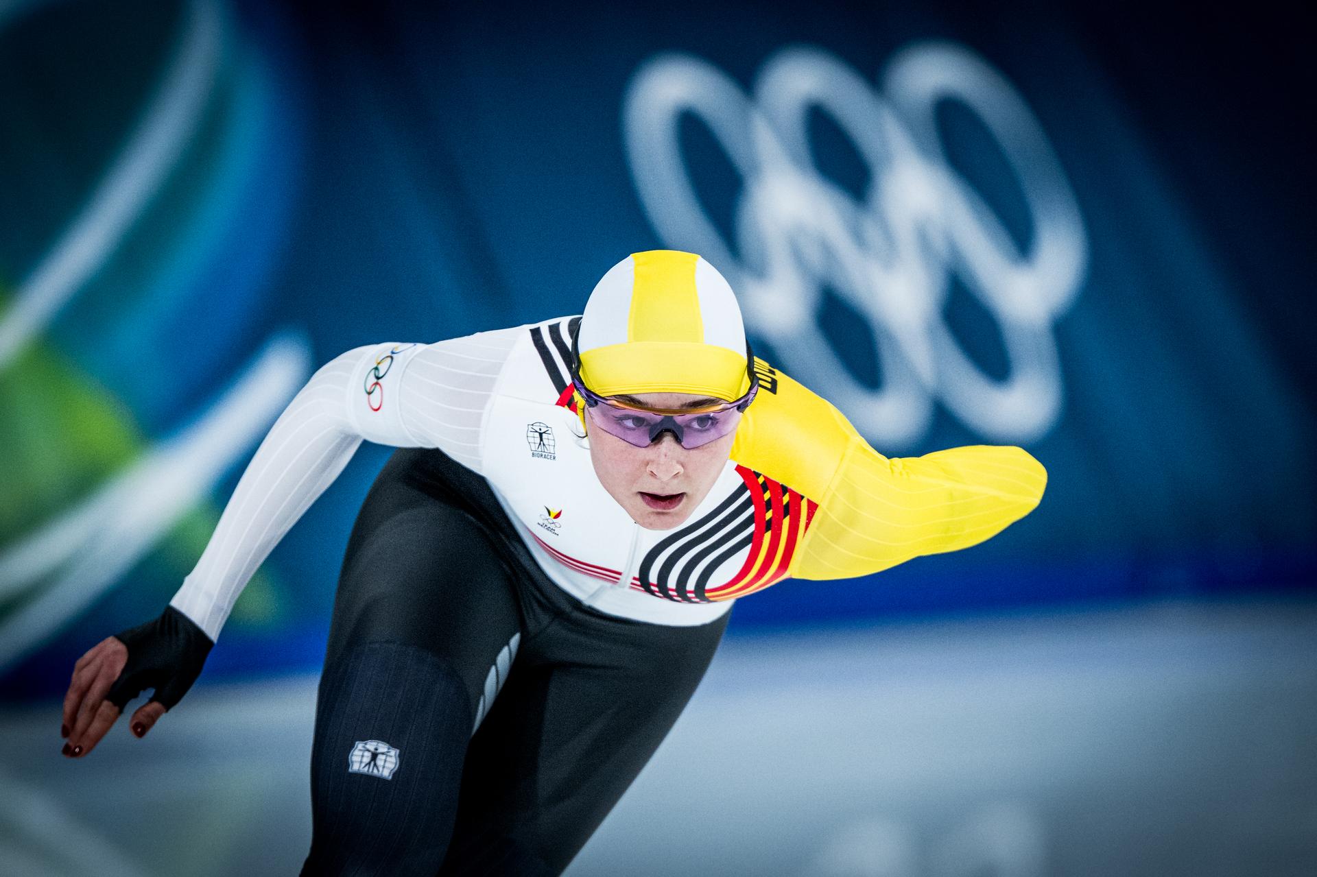 Belgian speed skater Fran Vanhoutte pictured in action during the Women's 1000m speed skating race at the Milano Cortina 2026 Olympic Winter Games, on Monday 09 February 2026 in Milan, Italy. The XXV Winter Olympics take place from 6 to 22 February 2026 in Italy. BELGA PHOTO JASPER JACOBS