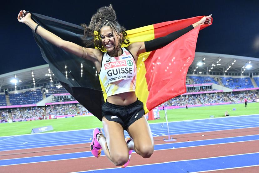 Belgian Saliyya Guisse reacts after winning the silver medal in the women's triple jump event  on the fourth day of the European Athletics Championships (August 10-18) in Birmingham, United Kingdom, on Thursday 13 August 2026. BELGA PHOTO ERIC LALMAND