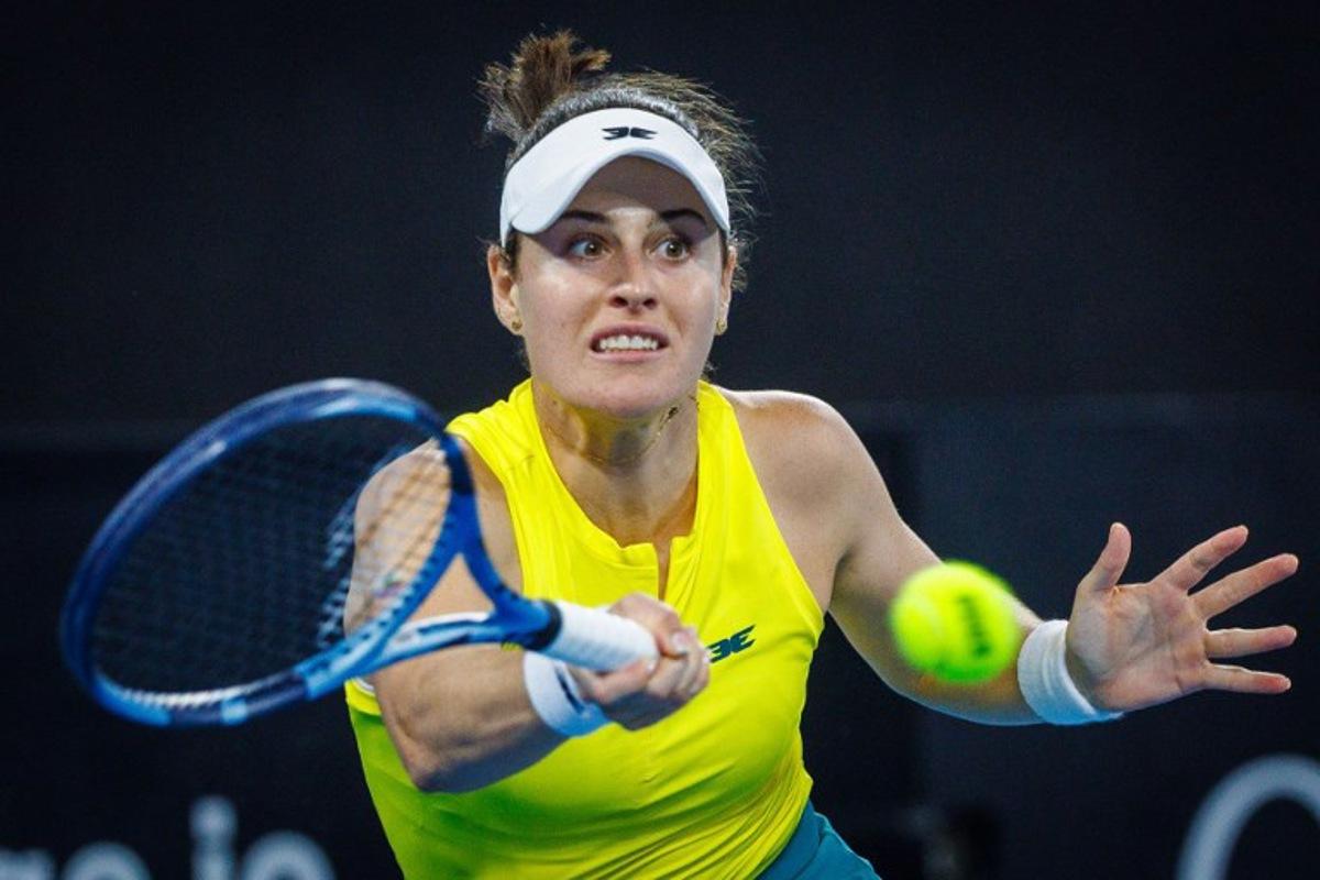 Australia's Kimberly Birrell hits a return against Colombia's Yuliana Lizarazo during their women's singles match at the Billie Jean King Cup in Brisbane on April 12, 2025.  Patrick HAMILTON / AFP