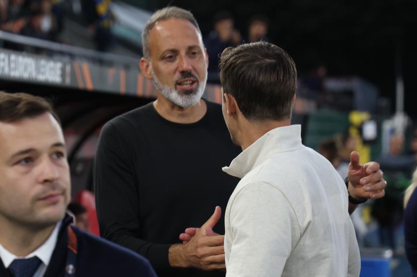 Union's head coach David Hubert and Sociedad's head coach Pellegrino Matarazzo pictured ahead of a soccer game between Belgian Royale Union Saint-Gilloise and Spanish Real Sociedad, Thursday 15 October 2026 in Leuven, the 2nd match of the UEFA Europa League league phase. BELGA PHOTO VIRGINIE LEFOUR
