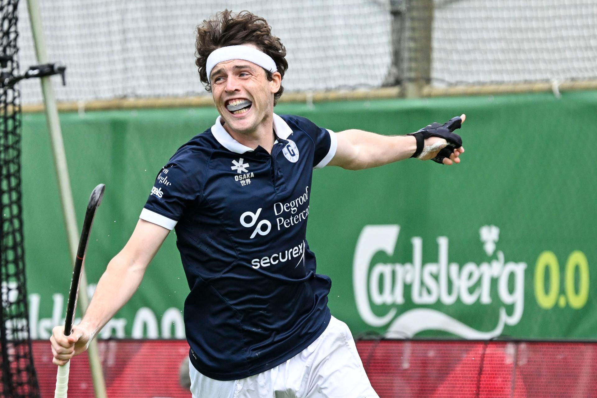 Gantoise's Guillaume Hellin celebrates after scoring the final goal in a shootout during a hockey game between Royals Leopold Club and Gantoise, Sunday 25 May 2025 in Antwerp, the second leg game in the finals of the men's 2024-2025 Belgian first division hockey championship. BELGA PHOTO TOM GOYVAERTS