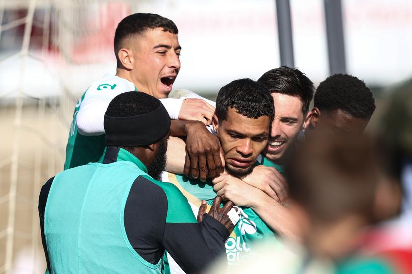 RAAL's Mouhamed Belkeir celebrates after scoring during a soccer match between RAAL La Louviere and Francs Borains, in La Louviere, on day 28 of the 2024-2025 'Challenger Pro League' 1B second division of the Belgian championship, Sunday 06 April 2025. BELGA PHOTO BRUNO FAHY