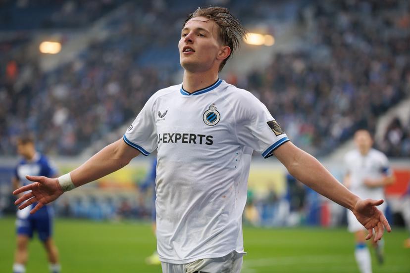 Club's Romeo Vermant celebrates after scoring during a soccer match between KAA Gent and Club Brugge, Sunday 20 April 2025 in Gent, on day 4 (out of 10) of the Champions' Play-offs of the 2024-2025 'Jupiler Pro League' first division of the Belgian championship. BELGA PHOTO KURT DESPLENTER