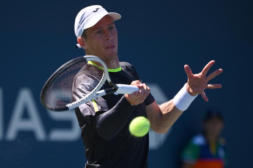 Belgian Kimmer Coppejans pictured in action during a tennis game against Peruvian Buse in the third round of the qualifications for the men's singles of the 2025 US Open Grand Slam tennis tournament in New York City, USA, Friday 22 August 2025. BELGA PHOTO TONY BEHAR