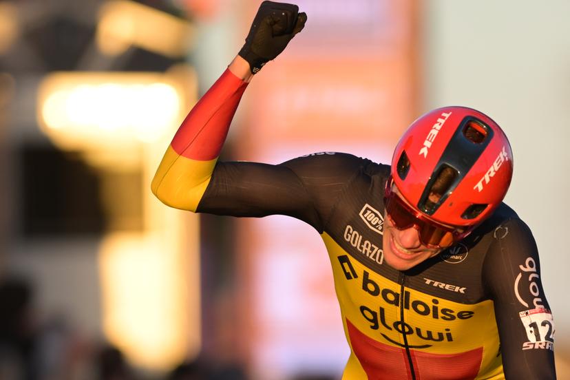 Belgian Thibau Nys celebrates as he crosses the finish line to win the men's elite race at the World Cup cyclocross cycling event in Dendermonde, Belgium, stage 8 (out of 12) of the UCI World Cup cyclocross competition, Sunday 28 December 2025. BELGA PHOTO DAVID PINTENS