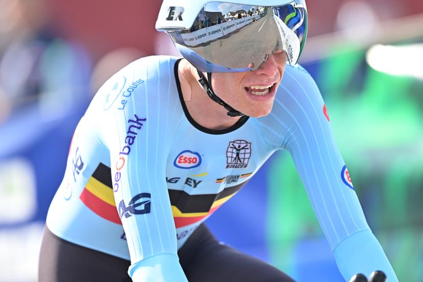 Belgium's Vic De Smet crosses the finish line of the Men Junior Individual Time Trial race (22km) at the cycling UEC Road European Championships, in Ljubljana, Slovenia, on Wednesday 7 October 2026. The UEC Road European Championships are taking place from 02 to 07 October in Ljubljana, Slovenia. BELGA PHOTO DAVID PINTENS