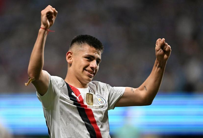 Manchester City's Argentine midfielder #30 Claudio Echeverri celebrates scoring his team's second goal during the FIFA Club World Cup 2025 Group G football match between England's Manchester City and UAE's Al Ain FC at the Mercedes-Benz stadium in Atlanta on June 22, 2025.  PATRICIA DE MELO MOREIRA / AFP