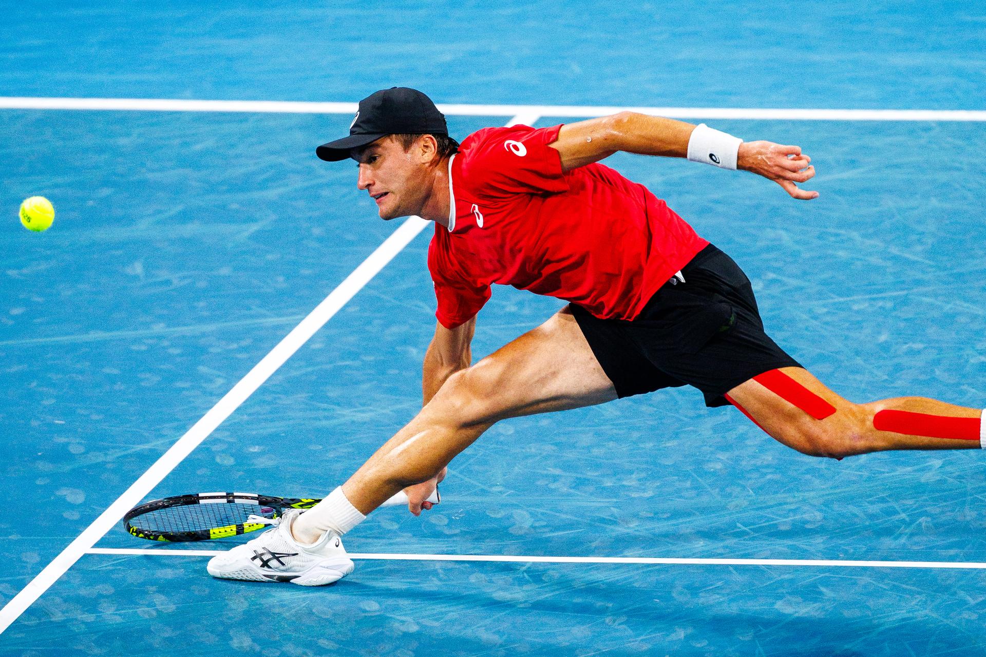 Belgian Raphael Collignon pictured in action duringa a tennis match between Belgian Collignon and Australian Thompson, during the qualifier of the Davis Cup, Sunday 14 September 2025, in Sydney, Australia. Belgium and Australia will compete this weekend in the second round of the Davis Cup qualifiers. BELGA PHOTO PATRICK HAMILTON