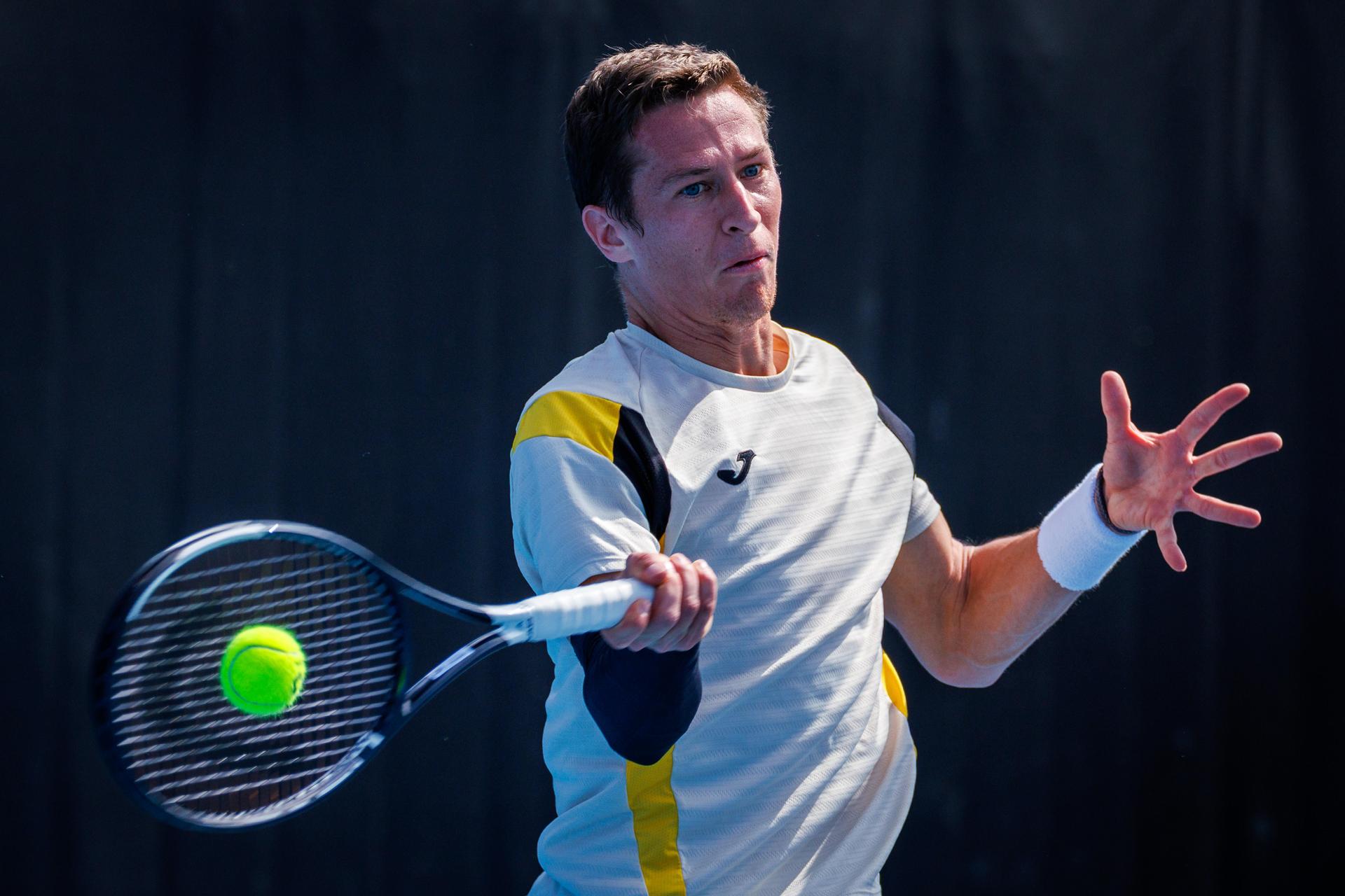 Belgium's Kimmer Coppejans pictured in action during a third round qualifying match in the men's singles against USA's Svajda at the Australian Open, Melbourne Park, Melbourne on Thursday 15 January 2026.  BELGA PHOTO PATRICK HAMILTON  --- BENELUX ONLY   ---
