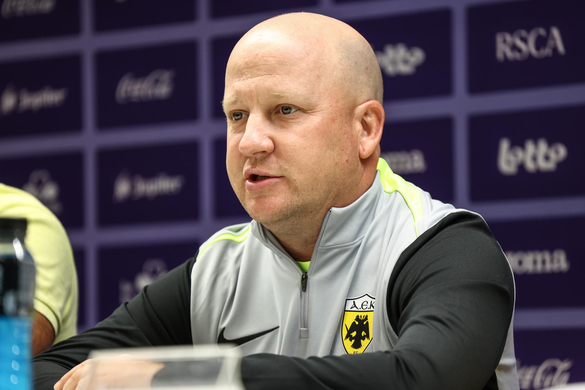 AEK's head coach Marko Nikolic pictured during a press conference of Greek soccer team AEK Athens, on Wednesday 20 August 2025 in Brussels. The team is preparing for tomorrow's game against Belgian RSC Anderlecht, the first leg of the play-off round for the UEFA Conference League competition. BELGA PHOTO BRUNO FAHY