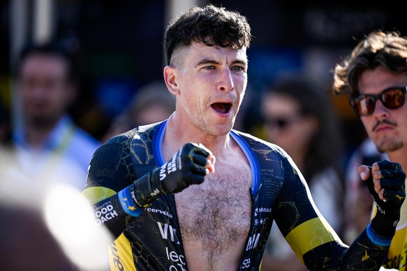 Italian Edoardo Affini of Team Visma-Lease a Bike celebrates after winning the first stage of the 2026 Tour de France cycling race, a team time trial of 19km with start and finish in Barcelona, Spain, Saturday 04 July 2026. The 113th edition of the Tour de France starts on Saturday 4 July in Barcelona, Spain, and will finish in Paris, France on the 26th of July. BELGA PHOTO JASPER JACOBS