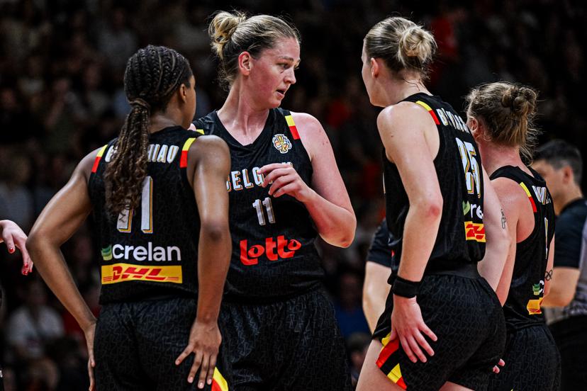 Belgium's Emma Meesseman and Belgian Cats' players pictured during a friendly basketball match between Belgian national women's team the Belgian Cats and Italy, in Kortrijk on Saturday 15 August 2026. The Cats are preparing the world cup in Germany in September. BELGA PHOTO EMILE WINDAL