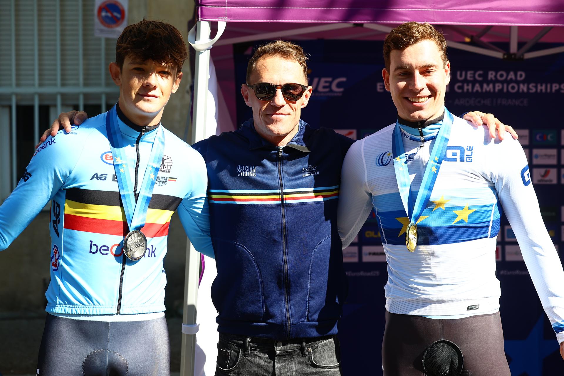 Belgian silver medallist Matisse Van Kerckhove, national coach Serge Pauwels and Belgian gold medallist Jonathan Vervenne celebrate after the 24 km time trial of the men U23 category at the UEC road European cycling championships, Wednesday 01 October 2025, in Loriol-sur-Drome, France. The European cycling championships Drome-Ardeche takes place from 1 to 5 October, France. BELGA PHOTO DAVID PINTENS