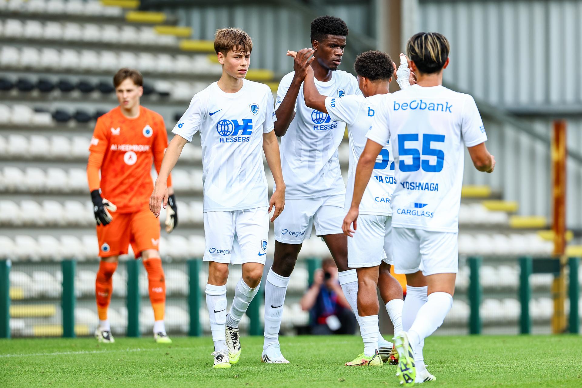 Jong Genk's players celebrates after scoring during a soccer game between Club NXT and Jong Genk, Sunday 31 August 2025 in Roeselare, on day 4 of the 2025-2026 'Challenger Pro League' 1B second division of the Belgian championship. BELGA PHOTO DAVID PINTENS