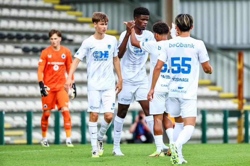 Jong Genk's players celebrates after scoring during a soccer game between Club NXT and Jong Genk, Sunday 31 August 2025 in Roeselare, on day 4 of the 2025-2026 'Challenger Pro League' 1B second division of the Belgian championship. BELGA PHOTO DAVID PINTENS