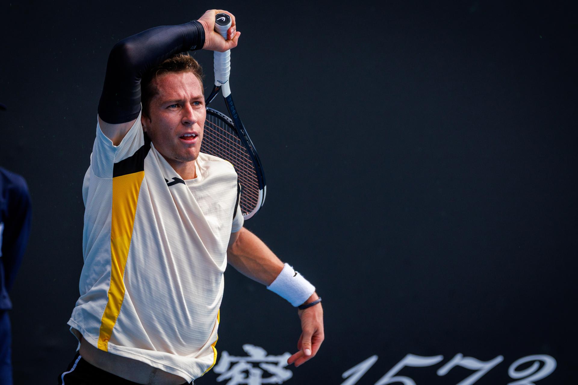 Belgium's Kimmer Coppejans pictured in action during a third round qualifying match in the men's singles against USA's Svajda at the Australian Open, Melbourne Park, Melbourne on Thursday 15 January 2026.  BELGA PHOTO PATRICK HAMILTON  --- BENELUX ONLY   ---