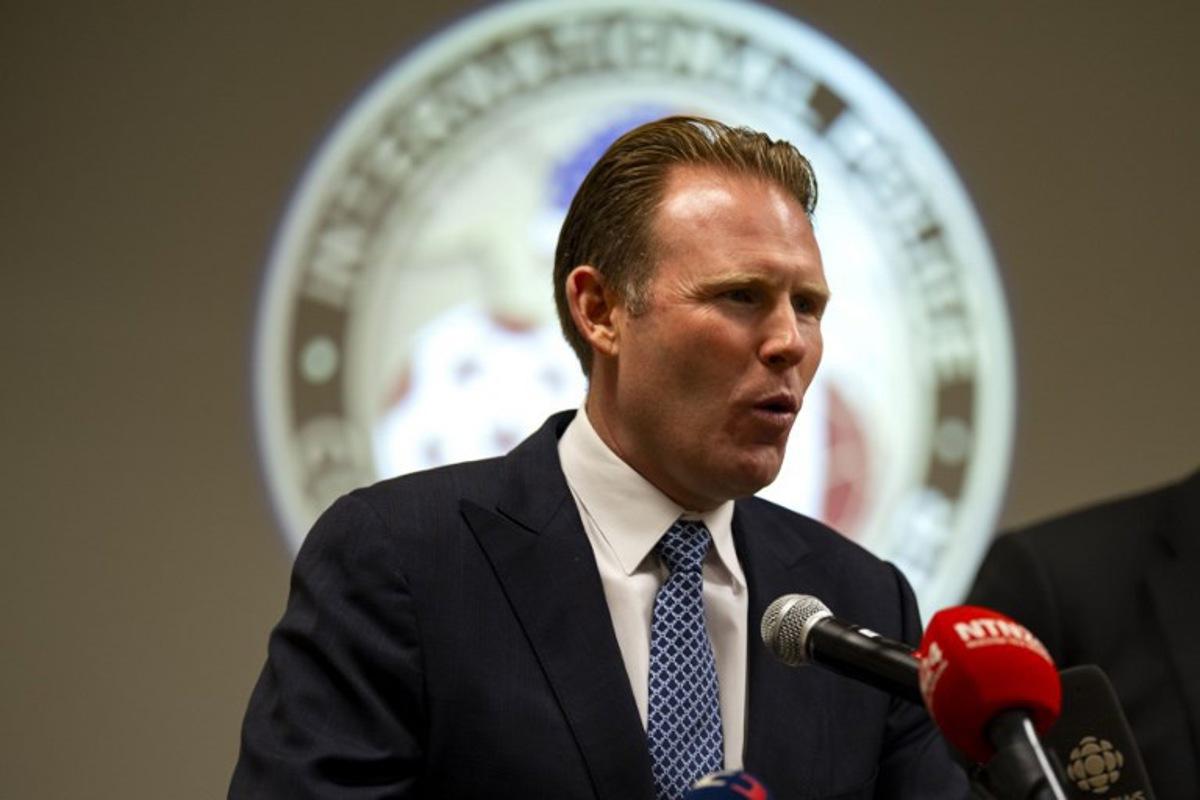 Andrew Giuliani, Executive Director of the White House Task Force on the FIFA World Cup 2026 and FBI Special Agent in Charge Doug Olson, Senior Coordinating Official for the 2026 FIFA World Cup participate in a Q and A session with members of the press at the International Police Cooperation Center for the 2026 FIFA World Cup at The National Conference Center in Leesburg, Virginia on June 29, 2026.   Kent Nishimura / AFP