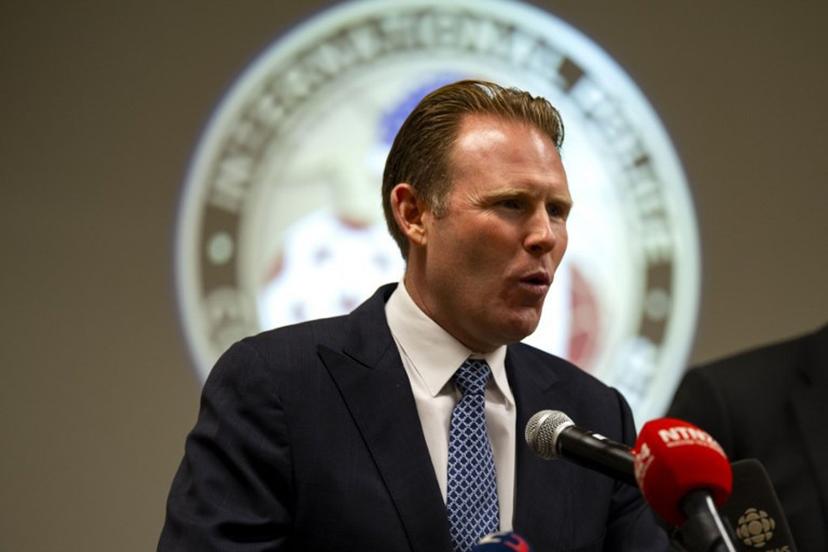 Andrew Giuliani, Executive Director of the White House Task Force on the FIFA World Cup 2026 and FBI Special Agent in Charge Doug Olson, Senior Coordinating Official for the 2026 FIFA World Cup participate in a Q and A session with members of the press at the International Police Cooperation Center for the 2026 FIFA World Cup at The National Conference Center in Leesburg, Virginia on June 29, 2026.   Kent Nishimura / AFP