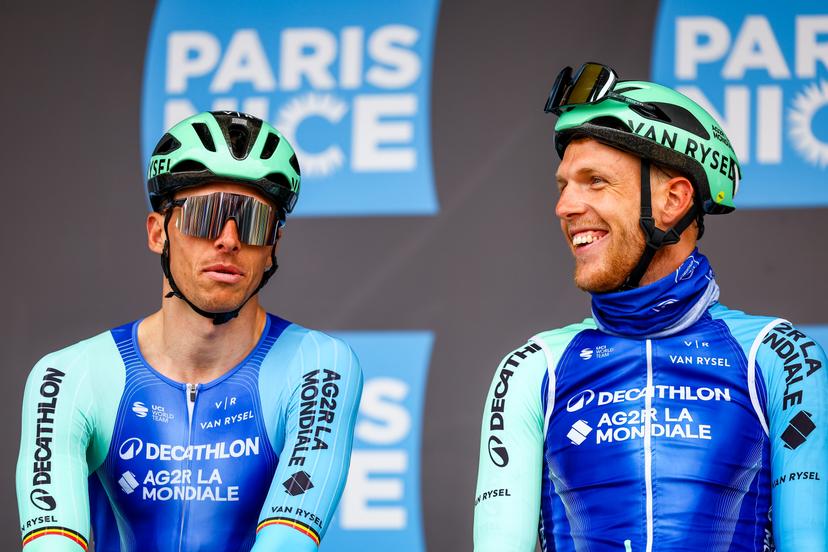 Belgian Oliver Naesen of Decathlon AG2R La Mondiale Team and Belgian Sander De Pestel of Decathlon AG2R La Mondiale Team pictured at the start of the first stage of 83th edition of the Paris-Nice cycling race, from and to Le Perray-en-Yvelines (156,5km), Sunday 09 March 2025. BELGA PHOTO DAVID PINTENS