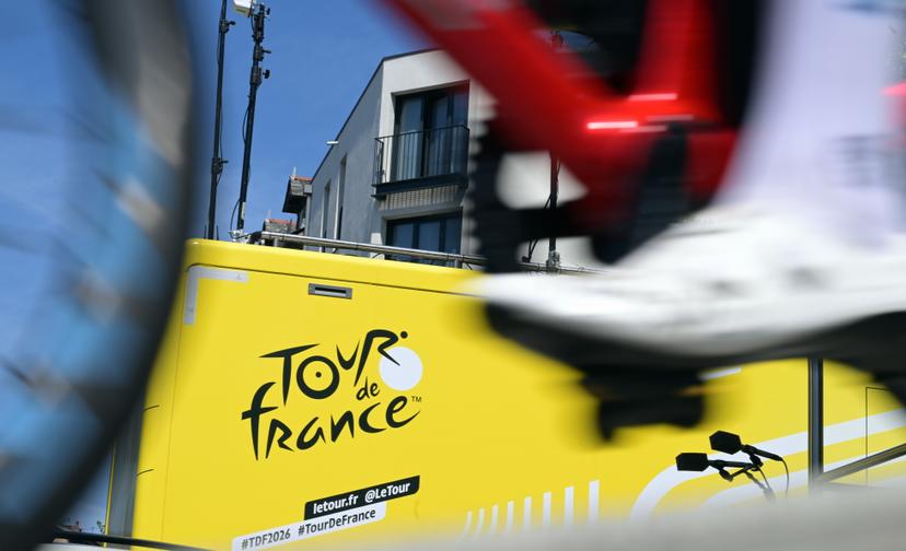 illustration shows the logo Tour De France pictured at the start of stage 10 of the 2026 Tour de France cycling race, a stage of 167km from Aurillac to Le Lioran, on Tuesday 14 July 2026. The 113th edition of the Tour de France starts on Saturday 4 July in Barcelona, Spain, and will finish in Paris, France on the 26th of July. BELGA PHOTO DAVID PINTENS