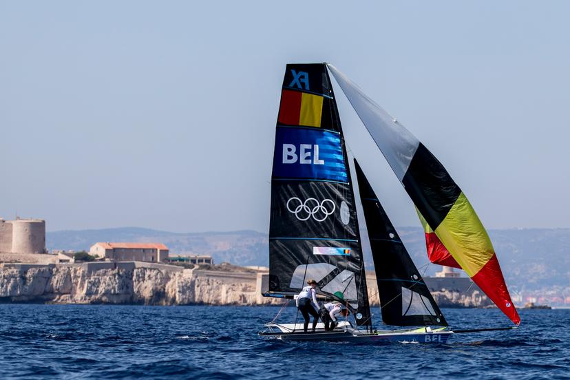 Isaura MAENHAUT and Anouk GEURTS of Belgium competes on Women's Skiff 49er during the Paris Olympic Games 2024 - Day 2 at Marina Marseille on July 29, 2024 in Marseille, France. (Photo by Johnny Fidelin/Icon Sport)
