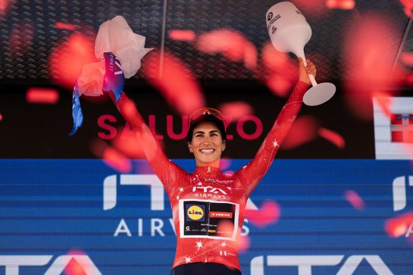 Lidl Trek Italian rider Elisa Balsamo wearing the best sprinter's red jersey (Maglia Rossa) celebrates on the podium of the Giro d'Italia Women 2026 - Tour of Italy Women cycling race in Saluzzo, Northwestern Italy, on June 7, 2026.  MARCO BERTORELLO / AFP